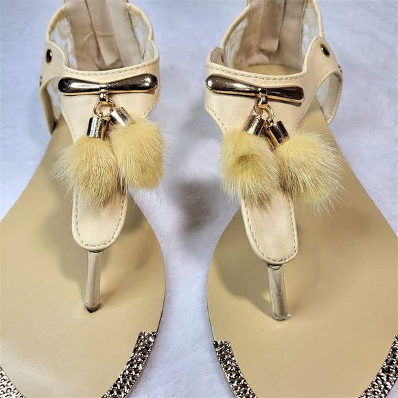 SilverDew Beige Summer Sandals Faux Fur Pom Poms - Picture 2 of 8